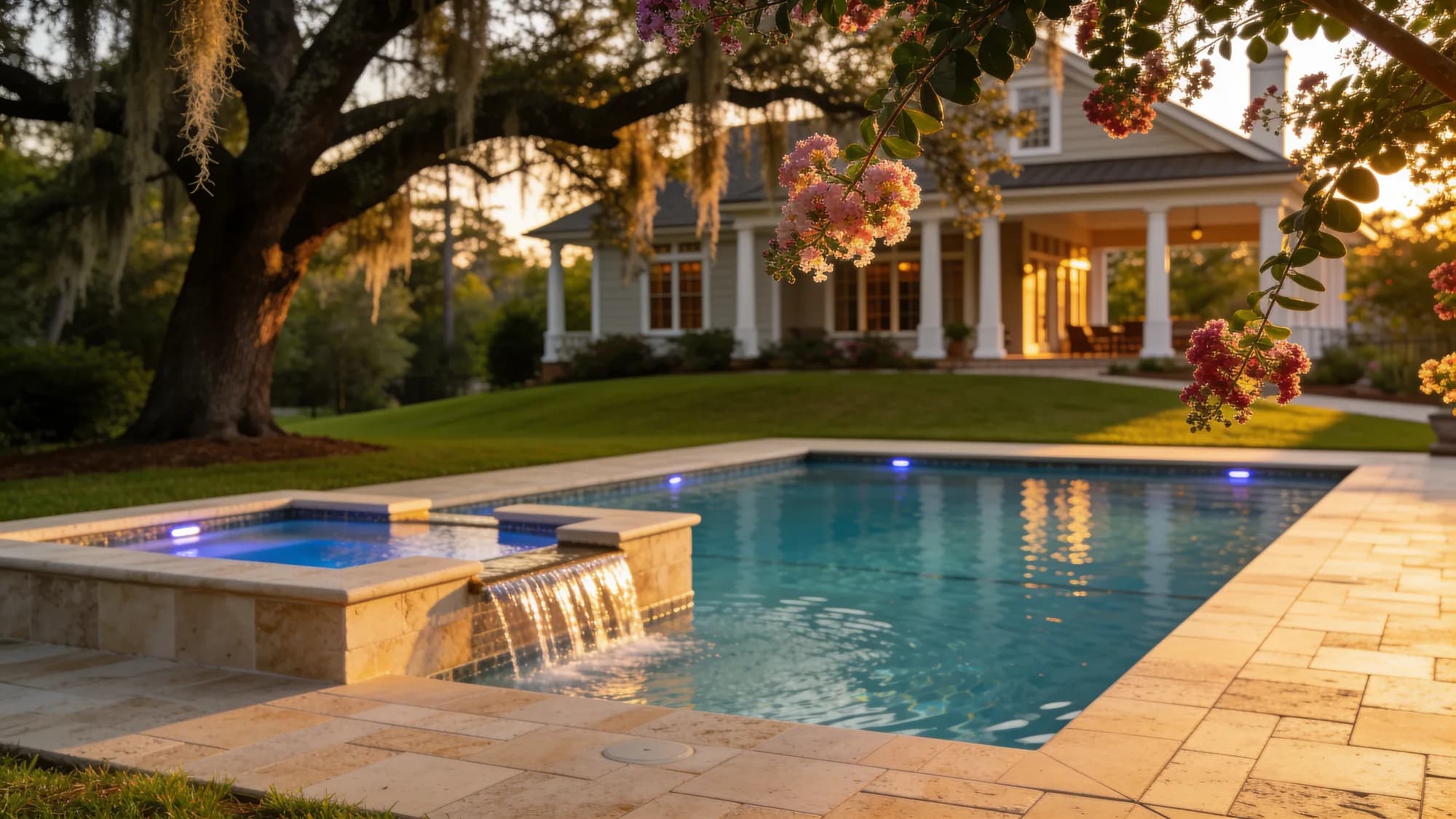 Luxury backyard pool with spa and waterfall at sunset