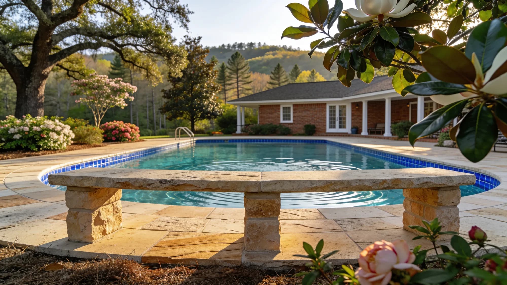 Rounded pool with stone bench and mountain backdrop