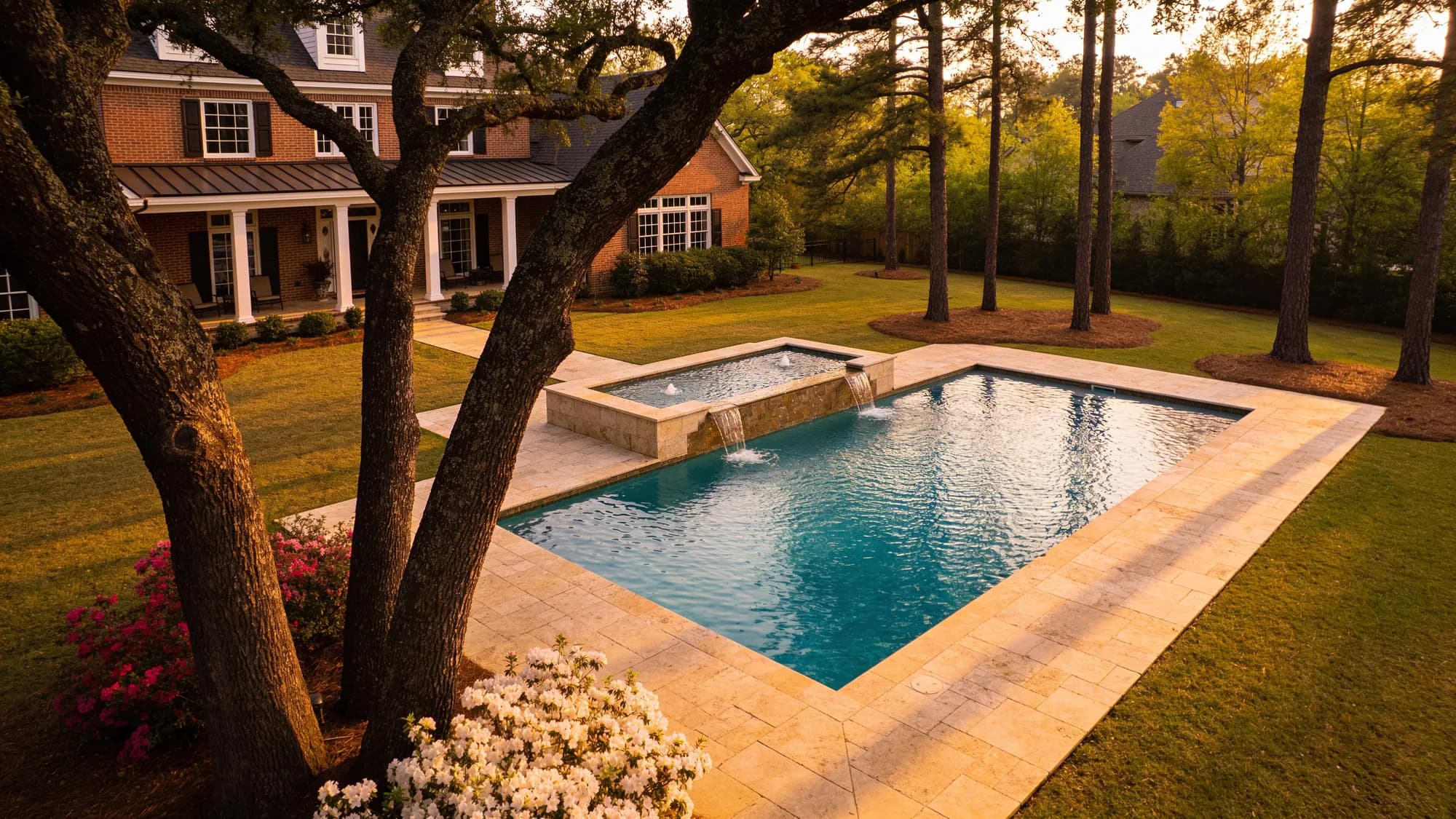 Aerial view of large rectangular pool with pergola at dusk