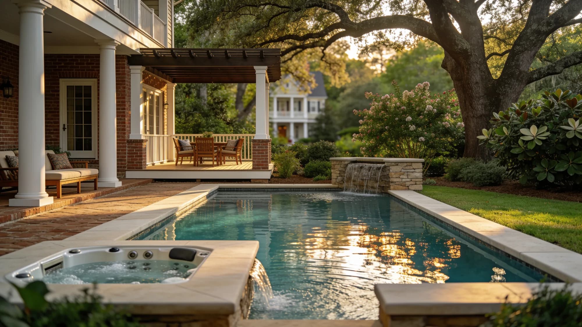 Spa and hot tub with stacked-stone waterfall