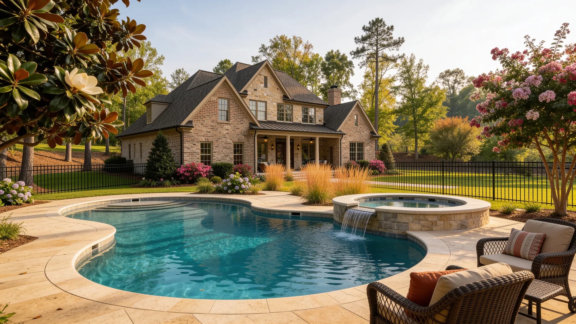 Freeform kidney pool with stone mansion in background