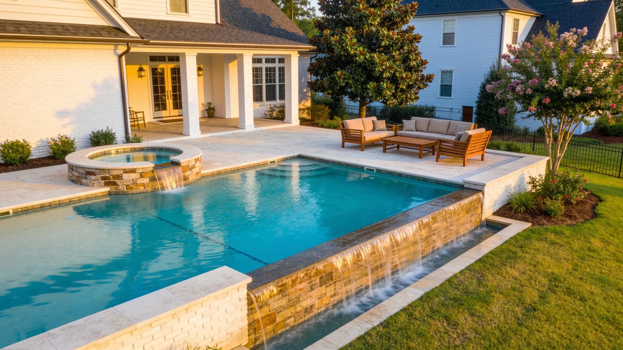 Fiberglass pool with raised spa and wisteria pergola