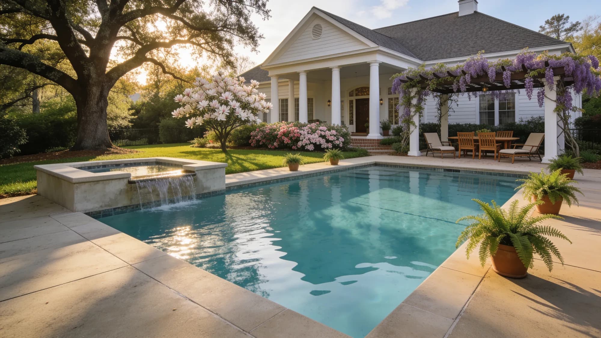 Rectangular pool with vanishing-edge feel at sunset